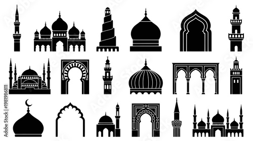 Islamic Religious Architecture Glyphs: Mosques, Minarets, Domes, Arches Icons