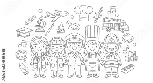 Diverse Professions Children's Illustration: Future Careers Line Art