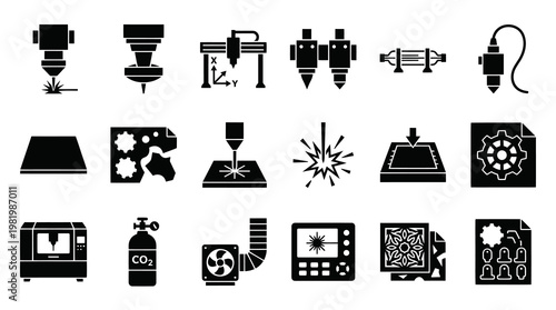 Manufacturing Laser Cutting  CNC Machining Glyph Icons Set: Digital Fabrication Technology Symbols