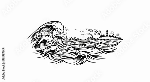 Stylized depiction of a turbulent sea with a distant island and lighthouse