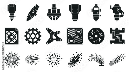 Industrial Manufacturing, CNC, Laser  Robotics Tools Glyph Icons Set