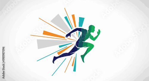 Stylized runner in motion with colorful abstract streaks bursting from behind