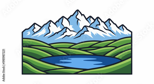 Stylized depiction of a serene mountainous landscape with a tranquil blue lake