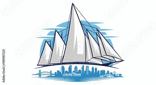 Stylized sailboat with city skyline and bridge in blue and white