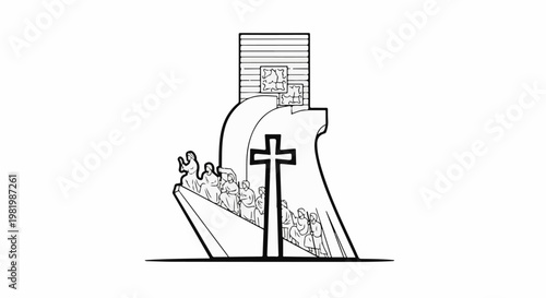 Stylized depiction of a religious monument with figures and a cross