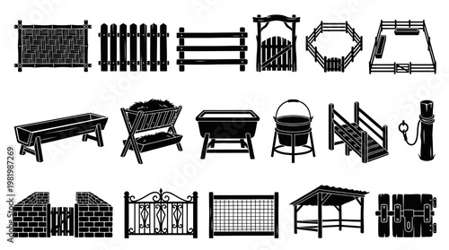 Agriculture Farm and Ranch Equipment Glyphs Set - Black  White Solid Icons