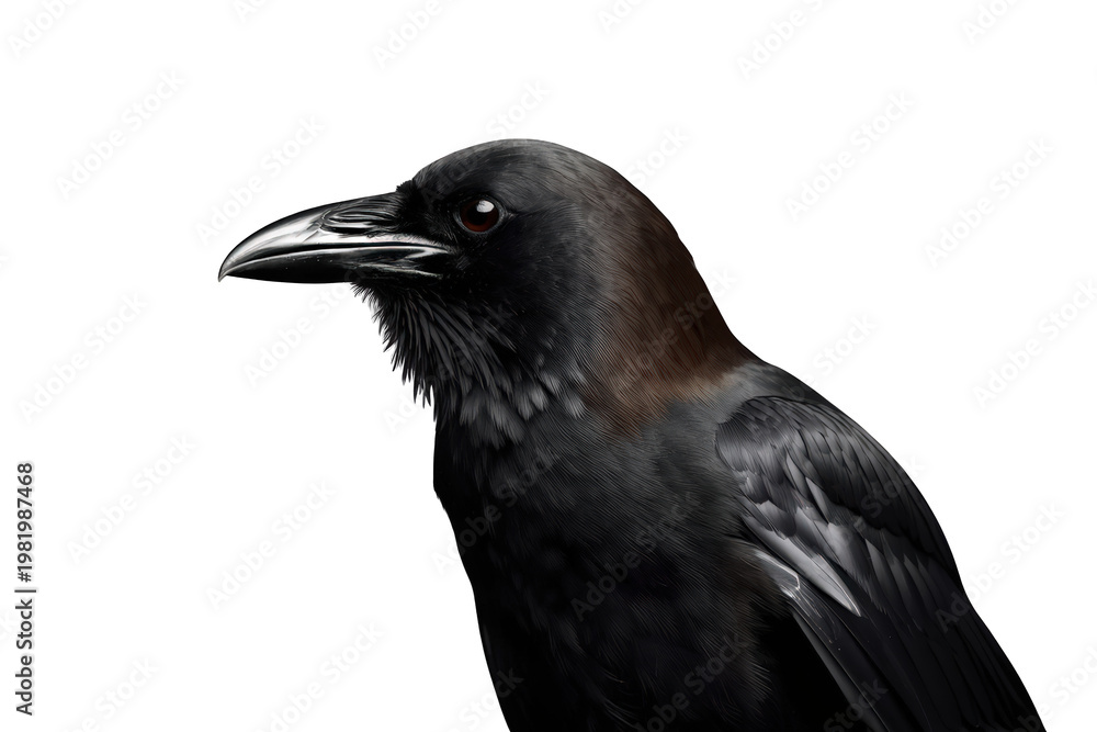 Fototapeta premium Raven or crow in profile with dark plumage looking left, smart bird on transparent background