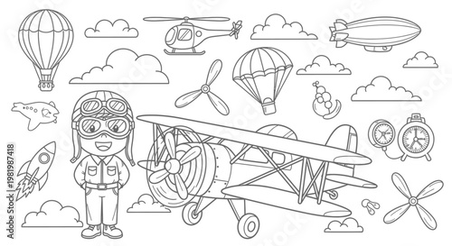 Cartoon Pilot and Aviation Elements Coloring Page Vector Art