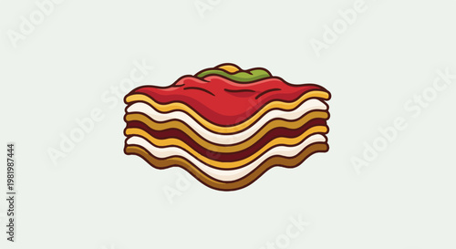 Stylized depiction of a layered, saucy baked dish with a green garnish