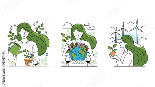 Set of three illustrations depicting environmental care with a woman watering plants and holding the earth in her hands.