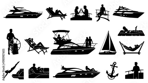 Yachting Lifestyle Silhouettes: Boats, People, Relaxation, Travel, Luxury