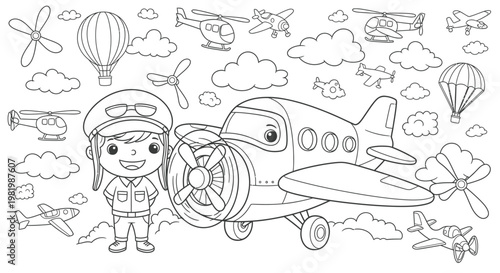 Foto Cute Pilot Kid with Vintage Airplane and Aircraft Vector Line Art