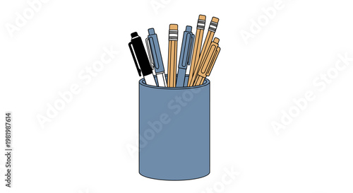 Assortment of pens and pencils in a holder against a white backdrop