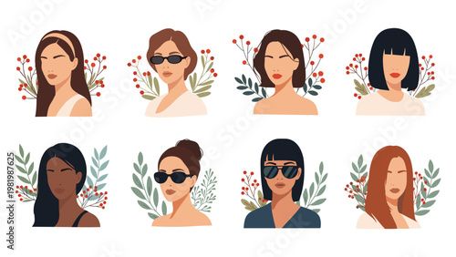 Set of eight faceless female portraits with diverse hair colors and styles adorned with floral sprigs and greenery.