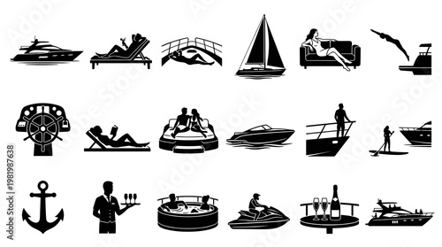 Luxury Yachting and Leisure Vector Icons: Boats, People, Activities, Black  White