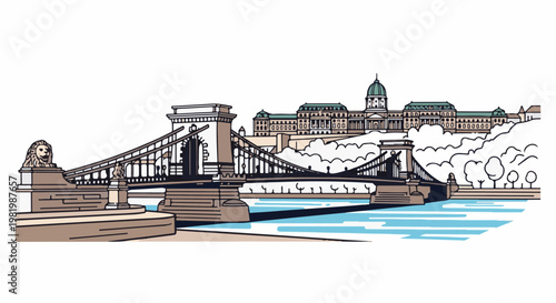 Stylized depiction of a grand suspension bridge and castle on a hill