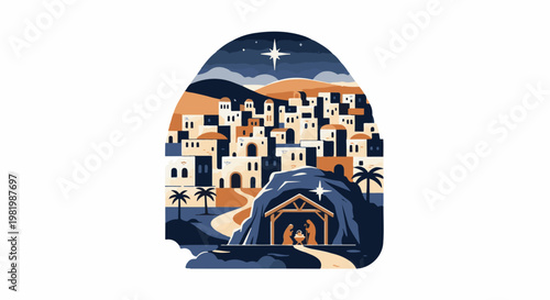 Stylized depiction of a Nativity scene set against a Middle Eastern village with a starry sky