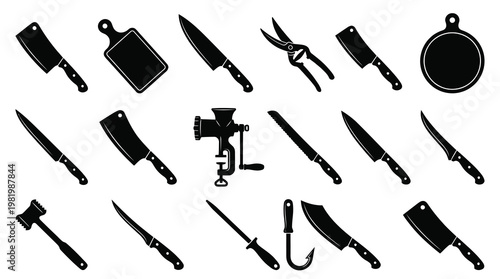 Butchery and Kitchen Knives, Cleavers, and Tools Glyph Icons Set