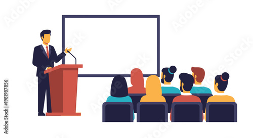 Presenter at podium addressing audience in business setting vector illustration