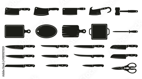 Butcher Knives  Kitchen Tools Silhouettes: Cleavers, Boards, Shears for Food Prep
