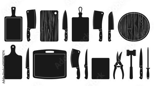 Butchery and Kitchen Food Preparation Tools Silhouette Glyph Set with Knives and Cutting Boards