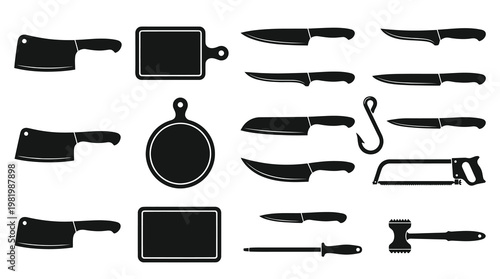Butchery  Kitchen Knives, Cleavers, Tools  Fishing Black White Glyph Icons
