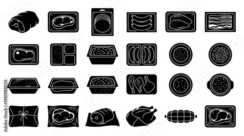 Food Industry Meat and Packaging Glyph Icons Set - Raw, Processed, and Deli Products