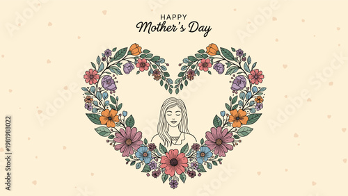 Charming Happy Mother's Day greeting card design featuring a woman's portrait centered within a colorful heart shaped flower wreath.