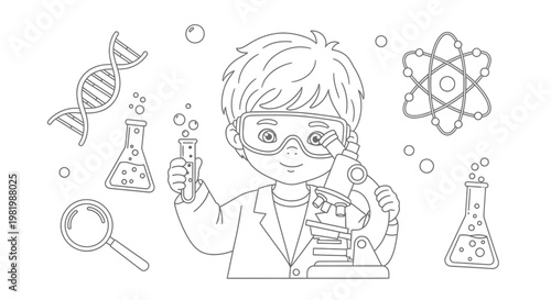 Young scientist boy with microscope, DNA, atoms, and lab equipment