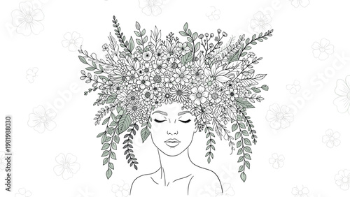 Artistic line drawing of a woman with a magnificent crown of various flowers and leaves blooming from her hair in a surreal garden.