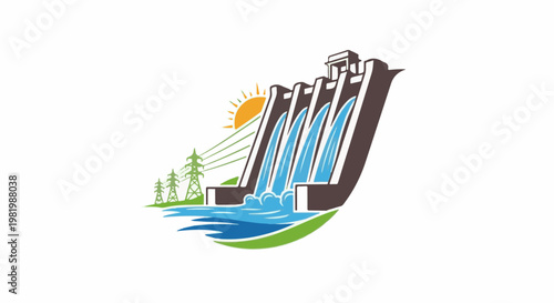 Stylized graphic of a hydroelectric dam with sun and power lines