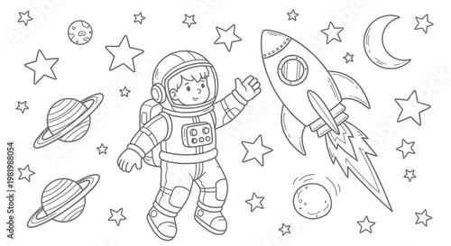 Cute Astronaut Child in Space with Rocket, Planets and Stars - Line Art