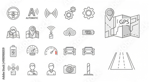 Collection of autonomous driving and navigation system icons for modern technology.