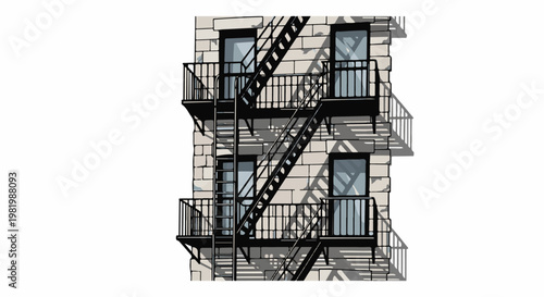 Stylized depiction of a brick building facade with balconies and fire escapes casting shadows