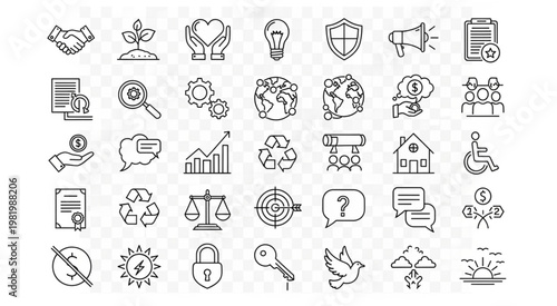 Collection of various business and social icons in line art style.