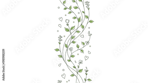 Elegant vertical illustration of a climbing vine with lush green leaves and dainty white flowers winding upwards with floating hearts.