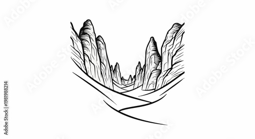 Stylized sketch of a dramatic mountain valley with sharp peaks