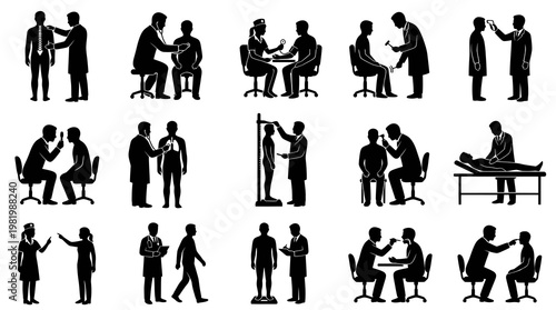 Black and white icons of doctors performing medical examinations