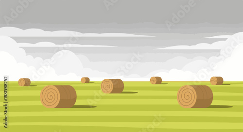 Stylized pixel art of a landscape with hay bales under a cloudy sky