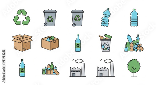 Recycling and environmental protection icons, representing waste management and sustainability concepts.