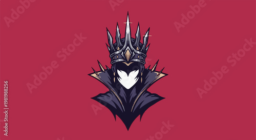 Stylized dark figure wearing a spiky, elaborate crown on a crimson background