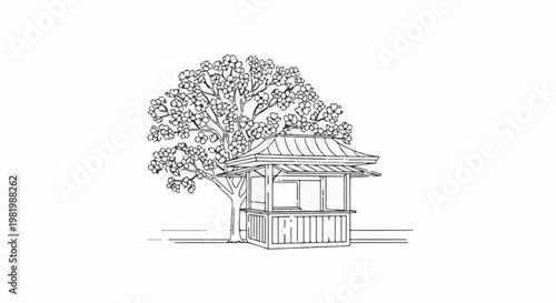 Stylized sketch of a flowering tree beside a small, open-sided pavilion