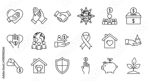 Charity and donation icons representing giving, support, and community assistance.