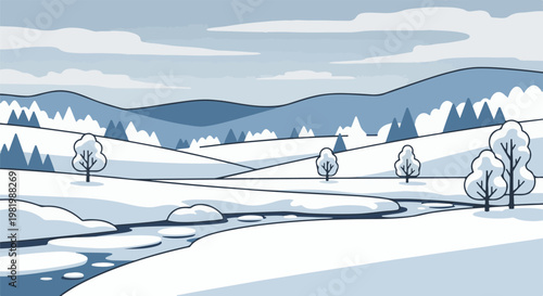 Stylized pixel art of a serene winter landscape with rolling snow-covered hills