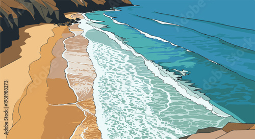 Stylized pixel art of a sandy beach meeting turquoise ocean waves