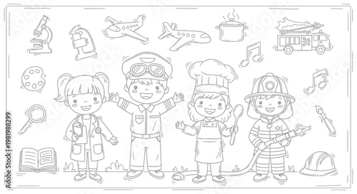 Children's Career Dreams: Professions Outline Vector Art
