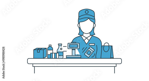 Cashier at counter with products shopping bag and scale in graphic illustration