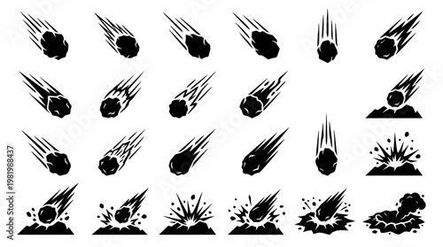 Black and white meteor icons, asteroid icons, falling star icons, space