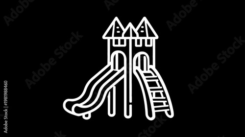 White outline icon of a playground structure with slides and ladders on a black background. Kids play area vector illustration.