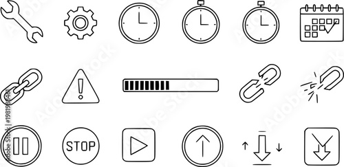 Maintenance pause and system technical offline delay or recovery schedule symbol featuring a simple black thin line art and glyph down time icon set – Black Vector Illustration